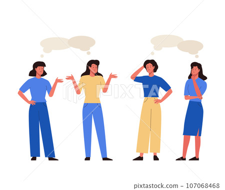 Set of chatting people with speech bubbles. Women meet and talk with each other. Dialogues between female characters Set of chatting people with speech bubbles. Women meet and talk with each other. Dialogues between female characters 107068468