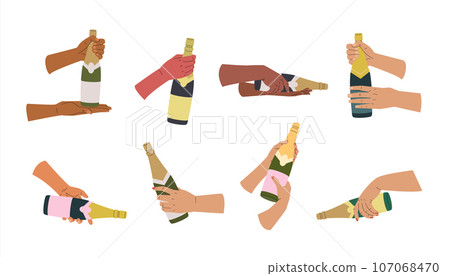 Human hands of different nationalities holding various champagne bottles. Set of hand serving champagne. Concept of party, holiday or degustation Human hands of different nationalities holding various champagne bottles. Set of hand serving champagne. Concept of party, holiday or degustation 107068470