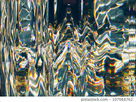 Glass distortion. Digital noise. Interference signal. Blurred glowing white yellow gray zigzag lines error effect on black background. Glass distortion. Digital noise. Interference signal. Blurred glowing white yellow gray zigzag lines error effect on black background. 107068762