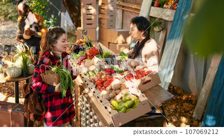 Two happy women talking about eco fresh farmers market produce, customer checking natural fruits and vegetables. Farmer and client meeting at food market counter, grocery shop. 107069212