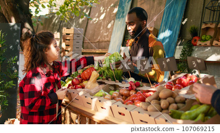 African american man giving natural bio organic products box to people, various eco produce. Female person buying locally grown fruits and vegetables at street market stand, small business. African american man giving natural bio organic products box to people, various eco produce. Female person buying locally grown fruits and vegetables at street market stand, small business. 107069215