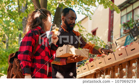 Young seller helping female client to buy organic products, putting fruits and vegetables in box. Woman looking at fresh bio produce on farmers market counter, buying veggies. Handheld shot. Young seller helping female client to buy organic products, putting fruits and vegetables in box. Woman looking at fresh bio produce on farmers market counter, buying veggies. Handheld shot. 107069259