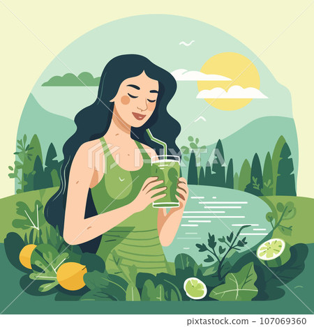 An image of girl drinking green smoothie by healthy plantbased food vector, 107069360