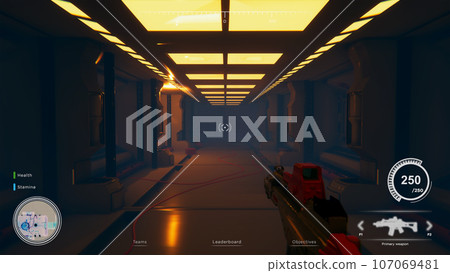 First person shooter videogame in futuristic industrial setting with health, stamina, ammo bars HUD overlay. Competitive PvP fps online multiplayer game with shooting gun 107069481