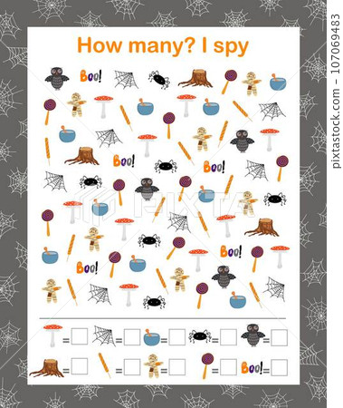 Halloween holiday I spy, How many counting educational puzzle game for kids, autumn seasonal vector illustration elements, printable worksheet for kids, leisure or study game, teachers resources Halloween holiday I spy, How many counting educational puzzle game for kids, autumn seasonal vector illustration elements, printable worksheet for kids, leisure or study game, teachers resources 107069483