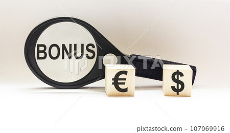 The word BONUS is written on a magnifying glass, with dollar and euro symbols on the cubes. 107069916