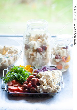 Fermentation of cabbage cauliflower concept, pickles. Cabbage inflorescences in a jar  and other vegetables peppers, carrots and tomatoes, preparation for fermented 107069976