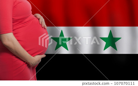 Pregnant woman belly on flag of Syria background 107070111