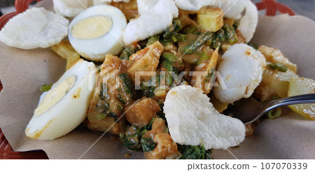 CNN winning top food called gado gado, or lotek, consists of various vegetables, eggs, tempeh, and lontong with peanut sauce 107070339