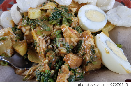 CNN winning top food called gado gado, or lotek, consists of various vegetables, eggs, tempeh, and lontong with peanut sauce 107070343