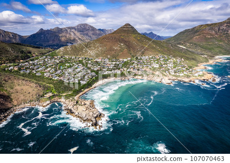 Aerial view of Llandudno beach in Cape Town, South Africa 107070463
