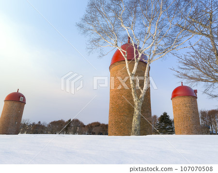 Meiji Park Silo Square with snowy scenery in Nemuro City, Hokkaido / Nemuro, Japan 107070508