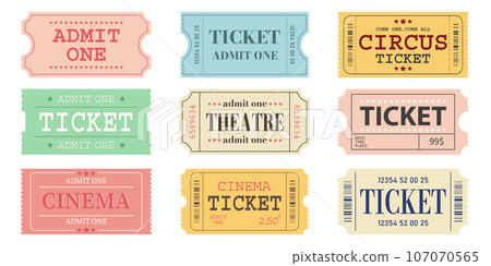 Vector set of admit one tickets template. Ticket for cinema,movie,circus,theatere,film,festival,casino,club,music.Vector illustration Vector set of admit one tickets template. Ticket for cinema,movie,circus,theatere,film,festival,casino,club,music.Vector illustration 107070565