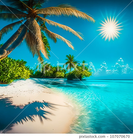 Beautiful white sand beach, turquoise ocean surrounded by palm trees and blue sky with clouds on a sunny day. Beautiful white sand beach, turquoise ocean surrounded by palm trees and blue sky with clouds on a sunny day. 107070670