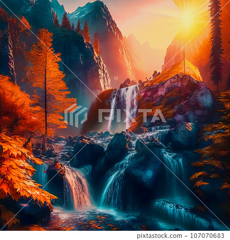 Beautiful mountain waterfall in the rays of the setting sun, autumn landscape Beautiful mountain waterfall in the rays of the setting sun, autumn landscape 107070683