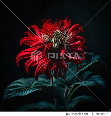 Beautiful flower of red monarda or garden bergamot on a dark background Beautiful flower of red monarda or garden bergamot on a dark background 107070686
