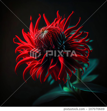 Beautiful flower of red monarda or garden bergamot on a dark background 107070689