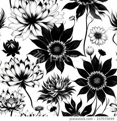 Luxury botanical background with trendy black and white minimalist flowers on a white background. Luxury botanical background with trendy black and white minimalist flowers on a white background. 107070699