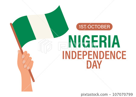 Nigeria Independence Day. A hand holds a Nigerian flag. Cartoon illustration, banner, poster, vector 107070799
