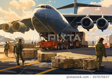 Military transport aircraft and military supplies. 107070837