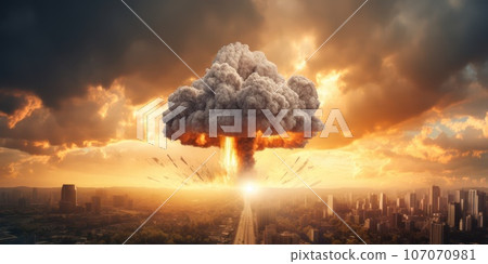 Nuclear war threat concept. Explosion of nuclear bomb in the city. Nuclear war threat concept. Explosion of nuclear bomb in the city. 107070981