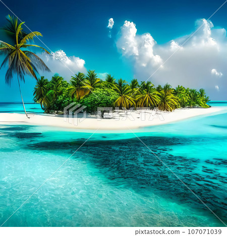 Beautiful white sand beach, turquoise ocean surrounded by palm trees and blue sky with clouds on a sunny day. 107071039