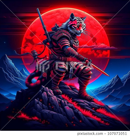 Noble tiger samurai in armor, tiger samurai on the mountain in the full moon Noble tiger samurai in armor, tiger samurai on the mountain in the full moon 107071051