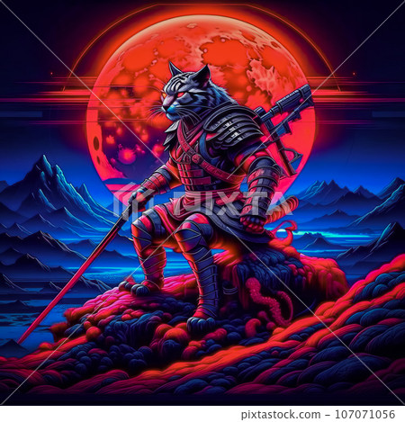Noble tiger samurai in armor, tiger samurai on the mountain in the full moon 107071056