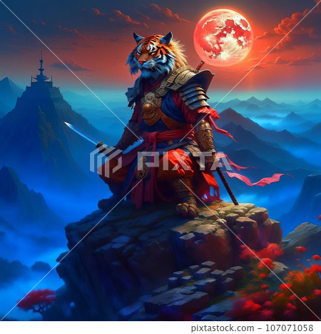 Noble tiger samurai in armor, tiger samurai on the mountain in the full moon 107071058