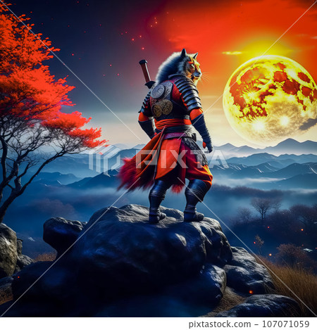 Noble tiger samurai in armor, tiger samurai on the mountain in the full moon Noble tiger samurai in armor, tiger samurai on the mountain in the full moon 107071059