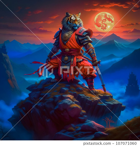 Noble tiger samurai in armor, tiger samurai on the mountain in the full moon 107071060