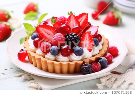 Appetizing fruit tart consisting of blueberries and raspberries with blossoms. Generative AI Appetizing fruit tart consisting of blueberries and raspberries with blossoms. Generative AI 107071198