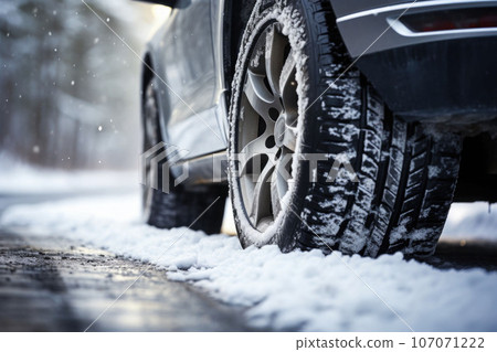 Car tires in winter on the road covered with snow. Generative AI Car tires in winter on the road covered with snow. Generative AI 107071222