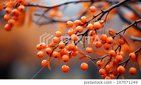 closeup of branches of a tree with red berries. autumn background 107071249