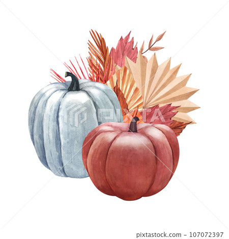 Watercolor realistic whole fresh orange pumpkin with leaves Hand-drawn illustration isolated on white background. Perfect for menu cafe, template natural food, cooking, packing food, card thanksgiving 107072397