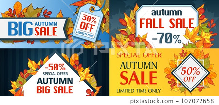 Autumn sale leaves. Halloween and Thanksgiving fall season banner concept set. Cartoon hand drawn illustration of 4 Autumn sale leaves. Halloween and Thanksgiving fall season vector banners for web Autumn sale leaves. Halloween and Thanksgiving fall season banner concept set. Cartoon hand drawn illustration of 4 Autumn sale leaves. Halloween and Thanksgiving fall season vector banners for web 107072658