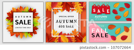 Autumn sale leaves. Halloween and Thanksgiving fall season banner concept set. Realistic illustration of 4 Autumn sale leaves. Halloween and Thanksgiving fall season vector banner concepts for web Autumn sale leaves. Halloween and Thanksgiving fall season banner concept set. Realistic illustration of 4 Autumn sale leaves. Halloween and Thanksgiving fall season vector banner concepts for web 107072664
