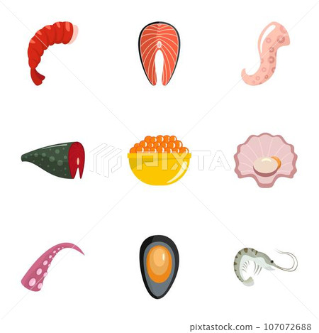 Sea product icons set. Cartoon set of 9 sea product vector icons for web isolated on white background Sea product icons set. Cartoon set of 9 sea product vector icons for web isolated on white background 107072688