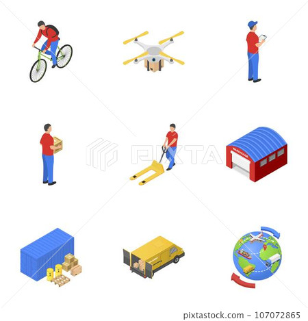 Postal delivery icons set. Isometric set of 9 postal delivery vector icons for web isolated on white background 107072865