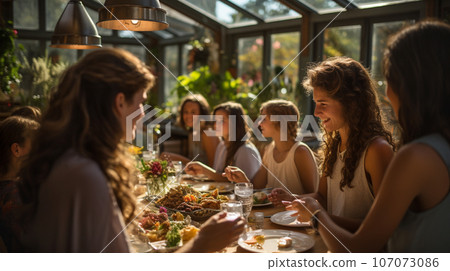 Family and friends enjoying a Thanksgiving meal together - generative AI. Family and friends enjoying a Thanksgiving meal together - generative AI. 107073086