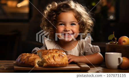 Cute little girl smiling standing next to the fresh baked bread in the kitchen - generative AI. 107073135