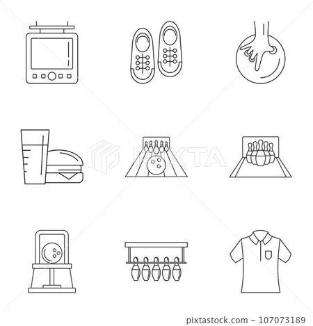 Bowling alley icons set. Outline set of 9 bowling alley vector icons for web isolated on white background Bowling alley icons set. Outline set of 9 bowling alley vector icons for web isolated on white background 107073189