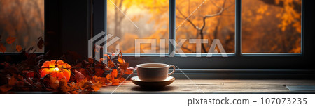 Candle and cup resting on window sill with a fall mountain country veiw banner - generative AI. 107073235