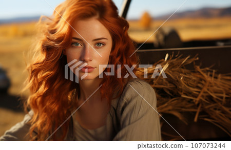 Portrait of a pretty red haired girl on the farm one fall day - generative AI. 107073244