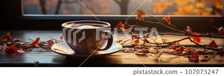 Cup resting on window sill with a fall mountain country view banner - generative AI. 107073247