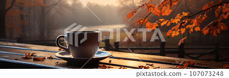 Cup resting on window sill with a fall mountain country view banner - generative AI. Cup resting on window sill with a fall mountain country view banner - generative AI. 107073248