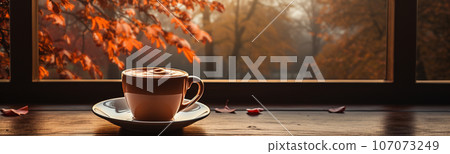 Cup resting on window sill with a fall mountain country view banner - generative AI. 107073249