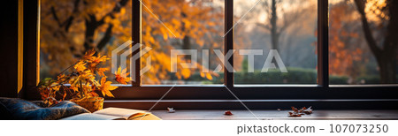 Open book resting on window sill with a fall mountain country view - generative AI. 107073250
