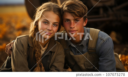 Cute teenaged couple enjoying a fall gathering on the country farm with friends - generative AI. 107073278