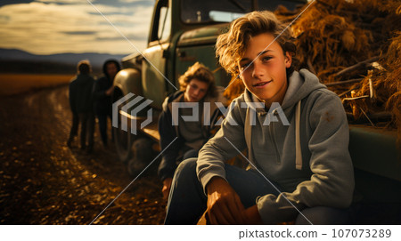 Young boys enjoying a fall gathering on the country farm with friends - generative AI. 107073289